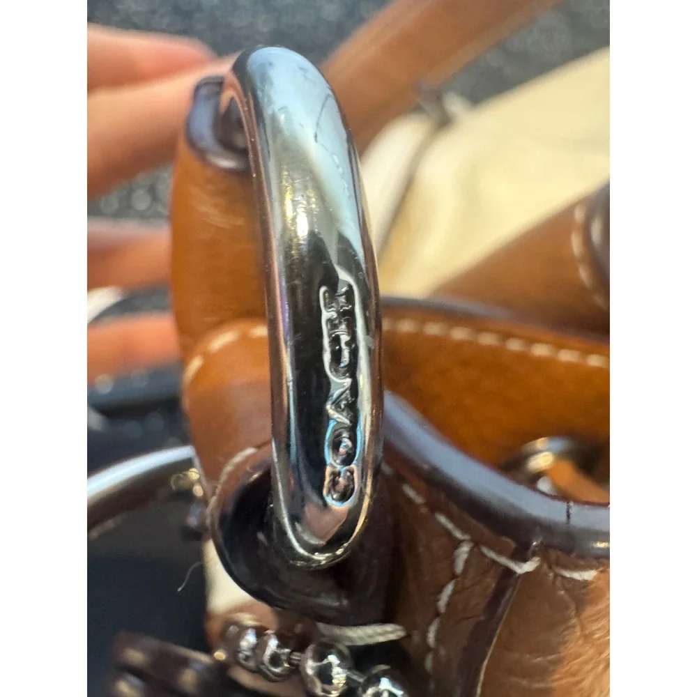 Coach Pebbled Leather Drawstring Bucket Bag Cream Tan Silver Tone Hardware - Picture 5 of 14